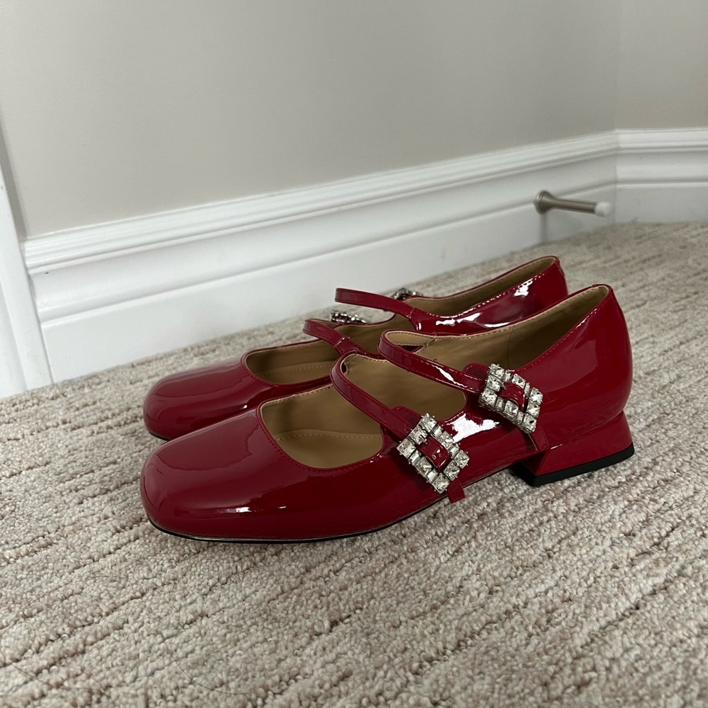Red Patent Mary Jane Flats with Crystal Buckles